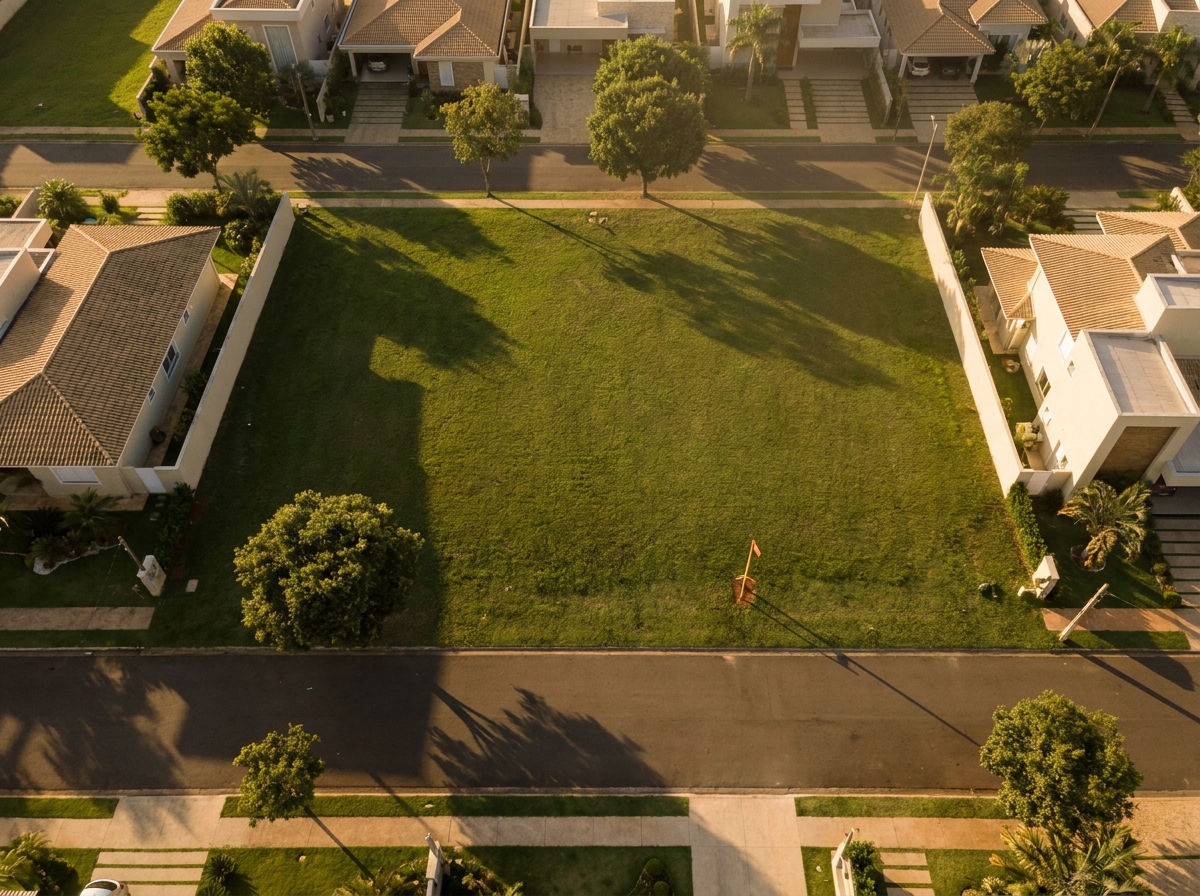Vista aérea do lote padrão de 225 m² do Boulevard, pronto pra construir
